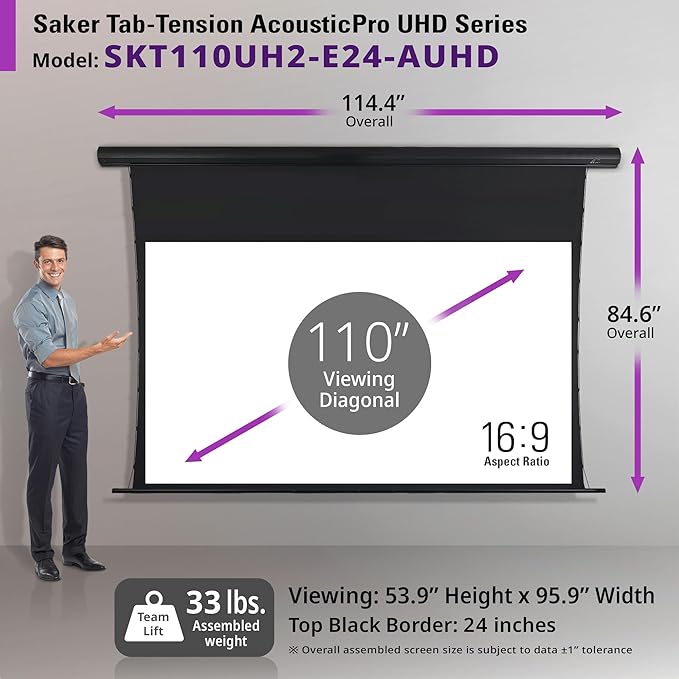 Elite Screens Saker Tab-Tension AcousticPro UHD Series, 110-INCH Diagonal 16:9, 4K/8K Ultra HD Electric Sound Transparent Perforated Weave Drop Down Front Projector Screen, SKT110UH2-E24-AUHD