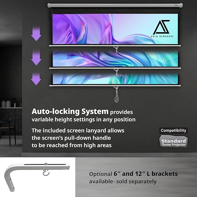 Akia Screens 110 inch Pull Down Projector Screen Manual B 16:9 8K 4K HD 3D Ceiling Wall Mount White Portable Projection Screen Retractable Auto Locking for Indoor Movie Home Theater Office AK-M110H1