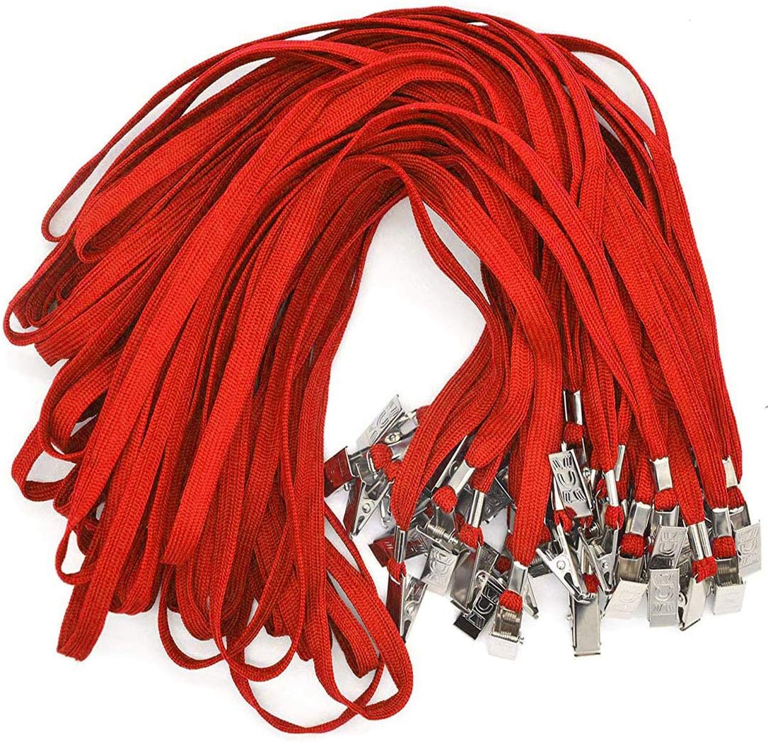 Bird Fiy Lanyards with Id Holder Badges Name Tags 50 Pack Lanyards with Bulldog Clip and 50 Pack Waterproof Clear Plastic Vertical Name Tag Badge ID Card Holders (Red)