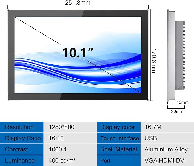 GreenTouch 10.1 Inch Industrial Embedded Interactive Touchscreen Monitor, Capacitive Multi-Touch Screen Display with Front IP65 Water-Proof - 1280 x 800 Resolution