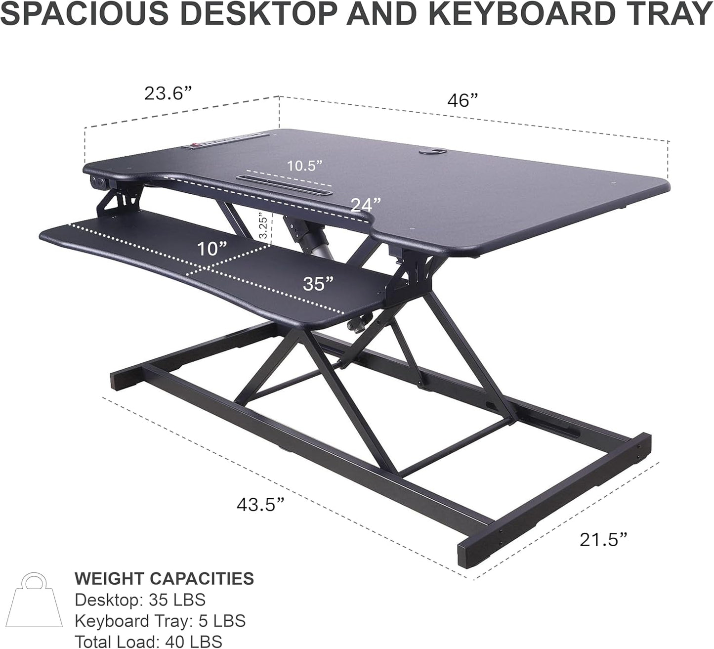 Rocelco 46" Electric Standing Desk Converter with AC Outlet USB Charger and Dual Monitor Arm Mount - Motorized Adjustable Sit Stand Riser - Tabletop Workstation Keyboard Tray - Black (R EDRB-46-MA2)