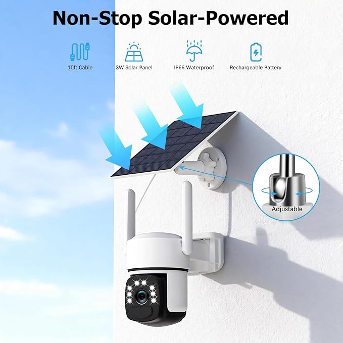 Solar Security Cameras Wireless Outdoor, 2 Cam-Kit, 4MP Home Security System with Color Night Vision, 2.4G & 5G WiFi, 360° Pan & Tilt, 64GB Local Storage, No Subscription, Motion Detection, Spotlight