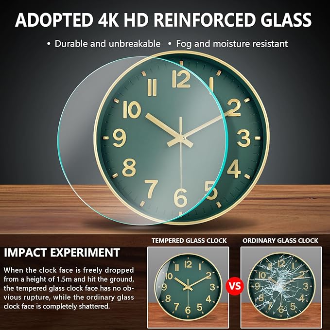 Modern Wall Clock, 10 Inch Digital Wall Clocks Battery Operated, Round Non Ticking Silent Analog Clock for Bedroom Living Room Kitchen Office Gym Classroom Decor, Gold Green Battery Clock