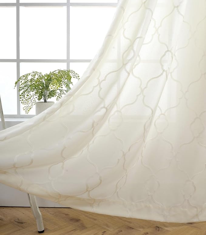 MIUCO Moroccan Embroidered Semi Sheer Curtains Faux Linen Grommet Curtains for Girls Room 52 x 84 Inch Set of 2, Off White