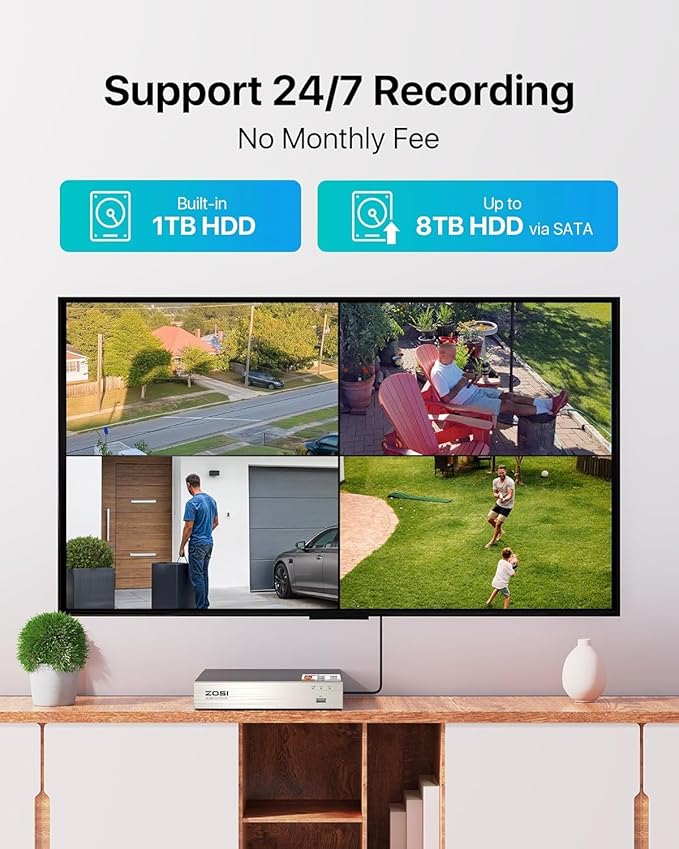 ZOSI 1080p Home Security Cameras System with AI Human/Vehicle Detection,H.265+ 8CH CCTV DVR and 4pcs 2.0MP 1920TVL Surveillance Cameras Indoor Outdoor,80ft Night Vision,Remote Access(No HDD)