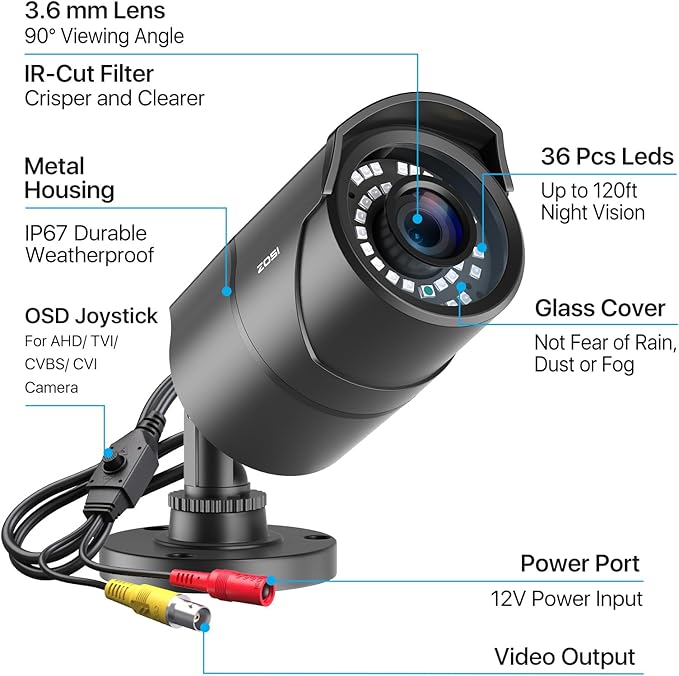 ZOSI 2MP HD 1080p 1920TVL Security Camera Outdoor Indoor (Hybrid 4-in-1 HD-CVI/TVI/AHD/960H Analog CVBS), 36PCS LEDs,120ft IR Night Vision,105° View Angle Surveillance CCTV Bullet Camera（Black Color)