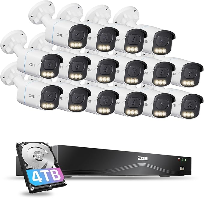 ZOSI 4K 8MP 16CH PoE Security Camera System, 16 x 3K 5MP C186 Aurora Lux True Full Color Night Vision Outdoor Indoor PoE Wired Camera, Person/Vehicle Alerts, Light & Siren, Two-Way Talk, with 4TB HDD