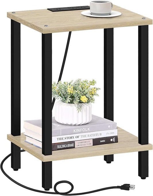 TUTOTAK End Table with Charging Station, Small Side Table with Outlets, Nightstand Bedside Table, 2-Tier Storage Shelf for Small Space, Living Room, Bedroom, Oak TB01BO040