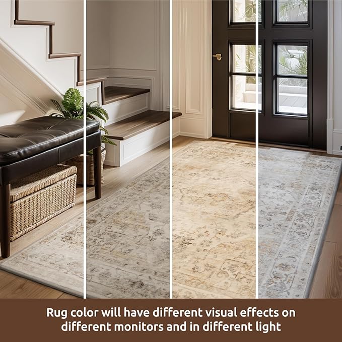 AMOAMI-6FT Round Rug-Rugs for Living Room-Vintage Soft Beige Rugs for Bedroom-Non Slip Circle Rug-Machine Washable Rug for Dining Room Living Room Bedroom Office Under Table
