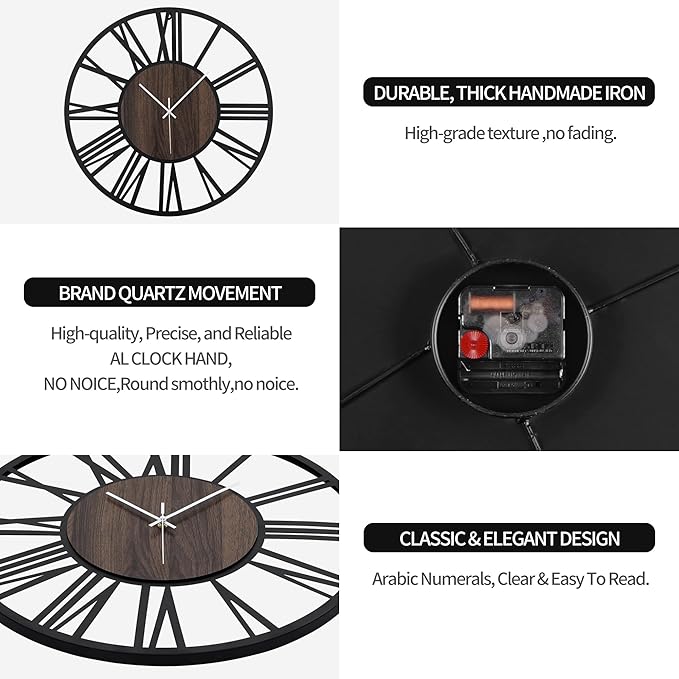 Large Wall Clock for Living Room Decor, 16 Inch Non Ticking Silent, Battery Operated Modern Vintage Oversized Wall Clock for Bedroom Kitchen