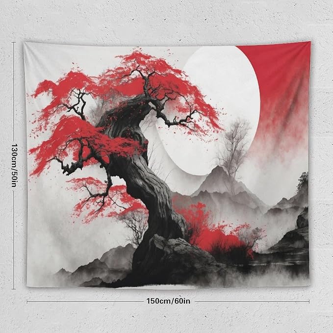 Cherry Blossoms Tapestry,Japanese Red Landscape Asian Watercolor Abstract Art Tapestry,Japanese Wall Tapestry, Nature Landscape Tapestries for Bedroom Living Room Decor 60"x50"