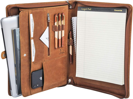 Genuine Leather Business Portfolio Padfolio Folder with Zipper for Men, Men's Leather Padfolio Folder for 13" Laptop, Business Portfolio with Letter Size Notepad, Graduation Gift，Brown