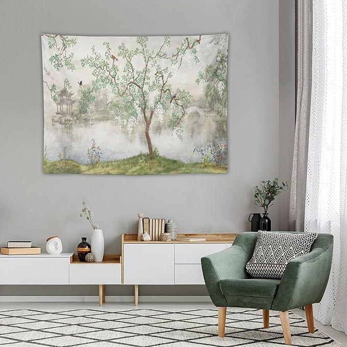 HZOHNAGO Japanese Tapestry Tree Misty Garden Lake Printed Wall Tapestry Ink Painting Wall Hanging for Bedroom Living Room Dorm 40" W x 30" H