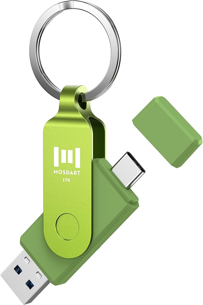 MOSDART 1TB USB3.1 Fast Speed C and A Dual Flash Drive, exFAT Memory Stick with Keychain and LED Indicator, for iPhone 15,16,17, Android Phone, iPad, MacBook, and Other Laptops, Green