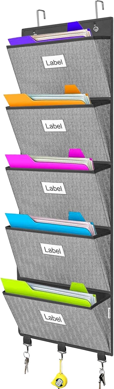 Over the Door File Organizer, Hanging File Folders, Wall Organizers and Storage for Mail, Magazine, Notebooks, Planners, Office, Classroom, 5 Extra Large Pockets, 50.39” Tall (Grey with Herringbone)