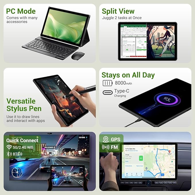 2025 Tablet 11 inch Android 15 Tablets with Keyboard Stylus Mouse: 2K IPS Tablette (2000x1200), 36GB+256GB(2TB TF), 5G/2.4G Dual WiFi, 8-Core 1.6GHz, 8000mAh,8+13MP, BT5.0/GPS-Black