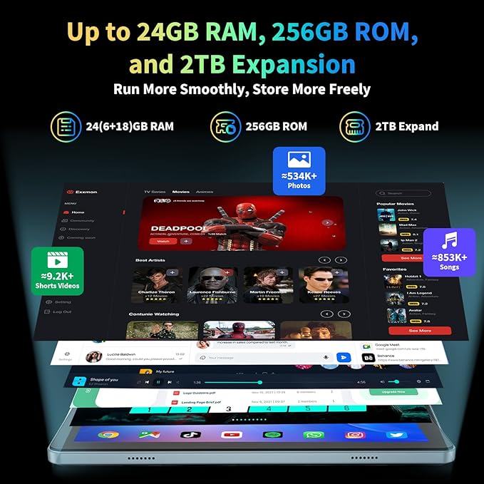 2025 11 inch Tablet, Android 15 Tablets with Keyboard, 24GB+256GB+2TB Expand, Octa-Core, 8000mAh, Tablet PC with 5G/2.4G WiFi, BT5.0, GMS, GPS, 2 in 1 Tablets with Case, Mouse, Stylus(Silver Case)