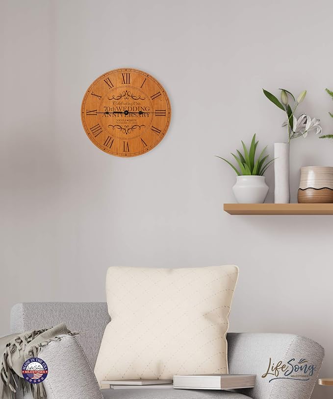 LifeSong Milestones Personalized 70th Anniversary Engraved Cherry Wall or Desktop Clock for Living Room Bedroom, Kitchen, Office, New Home, Couples Gift 12 Inch Diameter (Celebrating Our)