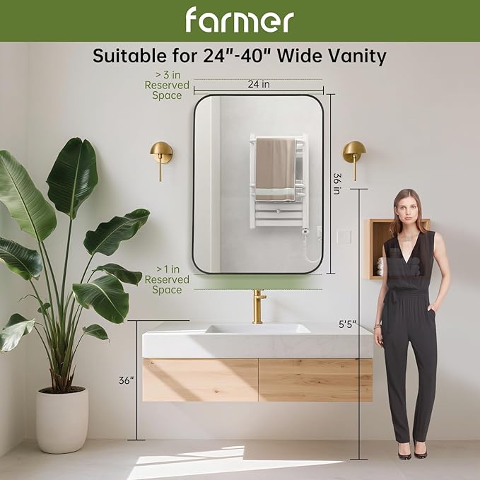 FARMER 24x36 Inch Black Bathroom Mirror, Rectangle Vanity Mirror, Brushed Mirrors for Wall, Metal Frame Hanging Mirror with Round Corner for Bedrooms, Entryways, Living Rooms, Horizontal/Vertical