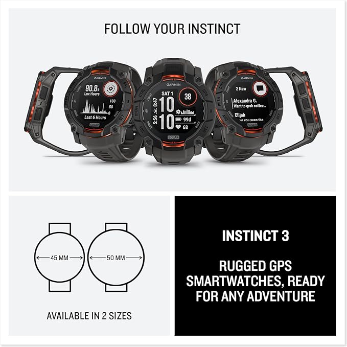 Garmin Instinct® 3 50mm, Solar Charged Display, Rugged Outdoor GPS Smartwatch, Metal-Reinforced Bezel, Built-in Flashlight, Charcoal
