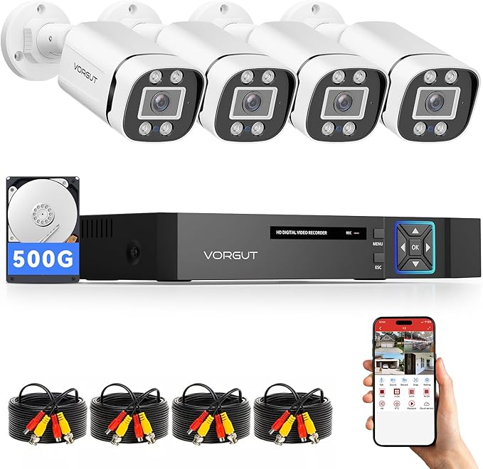 Wired Security Camera System Outdoor, 4 Channel 5MP Lite AHD TVI DVR Recorder with 500G HDD, 4pcs Wired Surveillance CCTV Bullet Camera Indoor Outdoor, Smart Motion Detection, Night Vision