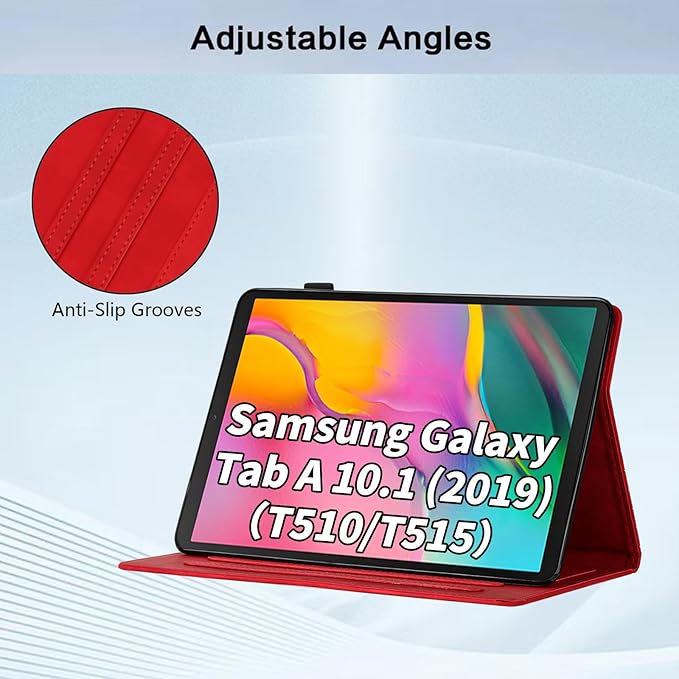 Case for Samsung Galaxy Tab A 10.1 2019 Model SM-T510/T515, Multi-Angle Viewing Smart Stand with Pocket PU Leather Tablet Cases Flip Folio Cover Red