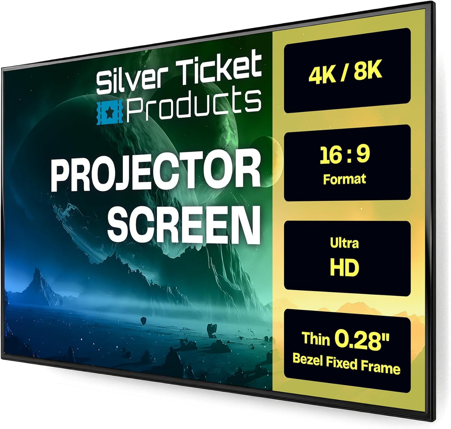 Silver Ticket Products S7 Series 6 Piece Thin Bezel Home Theater Fixed Frame 4K/8K Ultra HD, HDTV, HDR & Active 3D Projection Screen, 16:9 Format, 110" Diagonal, Grey Material S7-169110-G