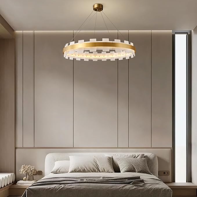 31.5" Natural Spanish Alabaster Round Chandelier, Adjustable Large Chandeliers for Living Room Over Table, Modern Luxury Alabaster Stone Chandelier for Drawing Room, Bedroom, Hallway, Foyer