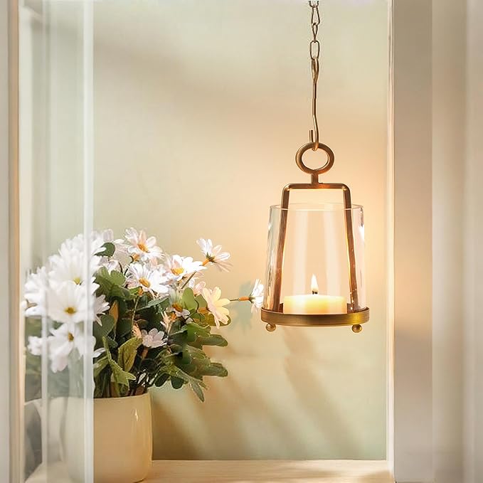 3'3" Wide Modern Metal Hurricane Lantern with Handmade Sturdy Glass Sleeve in Brass for Tealight Candle & Plants, Farmhouse Hurricane Industrial, Minimalistic, Shabby Chic (1, Brass, 3.3"x5.2")