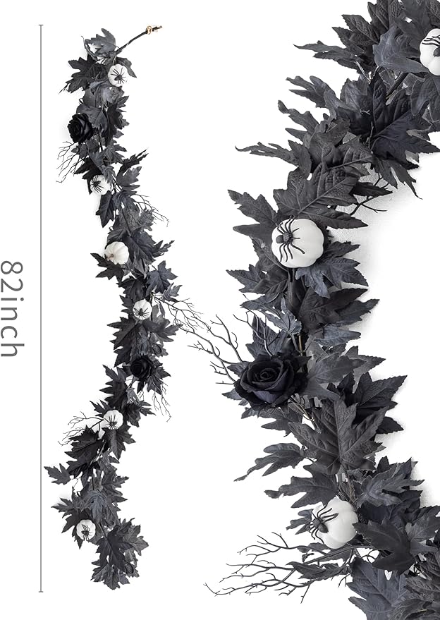 MISSPIN 6FT Black Maples Leaf Garland, Halloween Fall Leaf Garland Artificial Hanging Black Maple Autumn Vine Fall Decor Maple Thanksgiving Halloween Home Decor