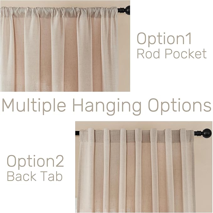 Joydeco Linen Curtains for Living Room,Light Filtering Rod Pocket Back Tab Semi Sheer Drapes Window Long Curtains 72 inches Long Sheer Bliss