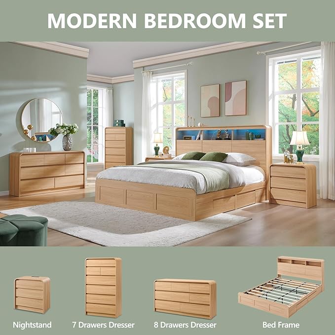 25" Tall Modern Nightstand Set of 2, 23.6" Wide Wood Bedside Table with Charging Station, 3 Storage Drawers Side Table w/Curved Profile Design,End Table for Bedroom, Natural Oak