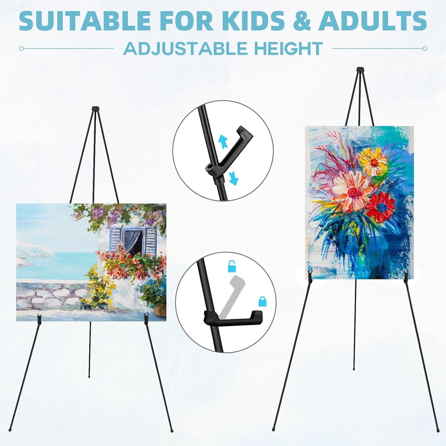 2PCS Black Easel Stand for Wedding Sign Stand, 66 Inch Portable Adjustable Poster Stands for Display, Floor Tripod Collapsible Display Easel, Balck Metal Easel Stand with Portable Bags