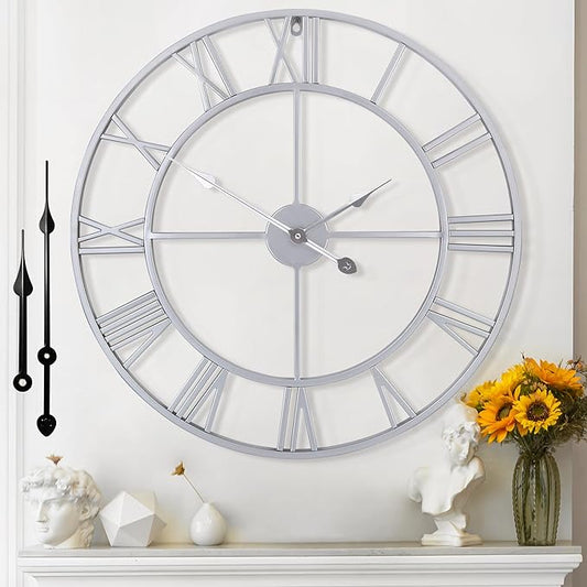 Large Wall Clock - 40cm/ 16 Inches Silent Non-Ticking Metal Wall Clock, Vintage Modern Silver, Battery Operated, Ideal for Living Room, Bedroom, Office, Farmhouse Decor
