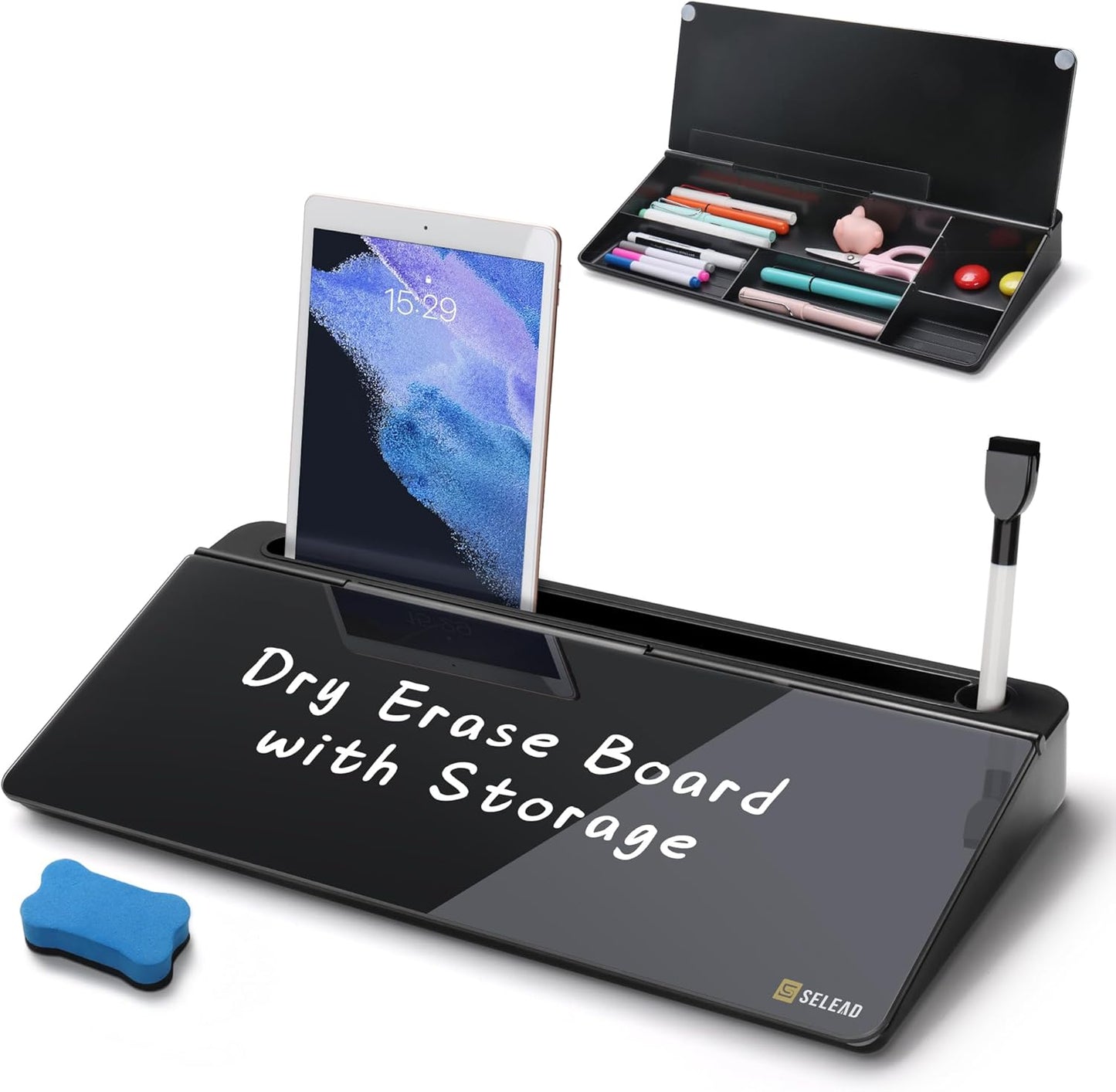 SELEAD Desktop Glass Whiteboard with Organizer, Markers, Eraser - Dry Erase Board Computer Pad Keyboard Stand with Drawer and Holder for Home, School, Office - Black
