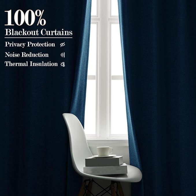 Extra Wide 100% Blackout Linen Textured Curtains - Room Dividers, W150 x L108 (1 Panel), Pinch Pleat Drapes for Living Room, Full Light Block Out Drapery for Sliding Door, Blue