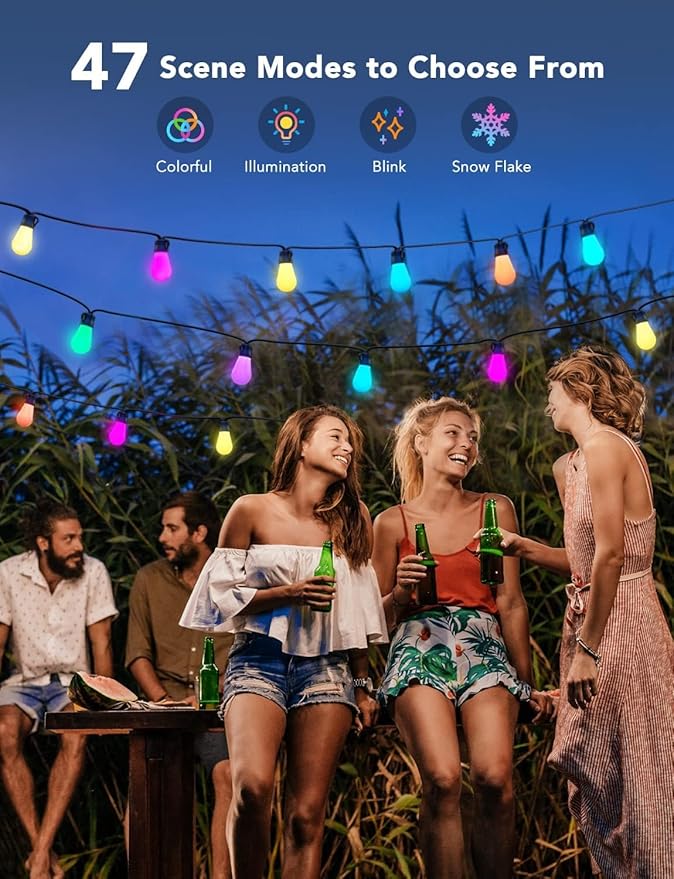 Govee Smart Outdoor String Lights H7016, 96ft RGBIC Outdoor Lights with 30 Dimmable LED Bulbs, IP65 Waterproof, Color Changing Warm White Lights with 47 Scene Modes for Patio, Backyard, App Control