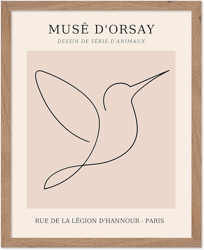 Poster Master Vintage Poster - Retro One Line Hummingbird Drawing Print - Bird Line Art - Minimal Gift for Him, Her, Animal Lover - Abstract Decor for Home, Office, 16x20 Beige Framed