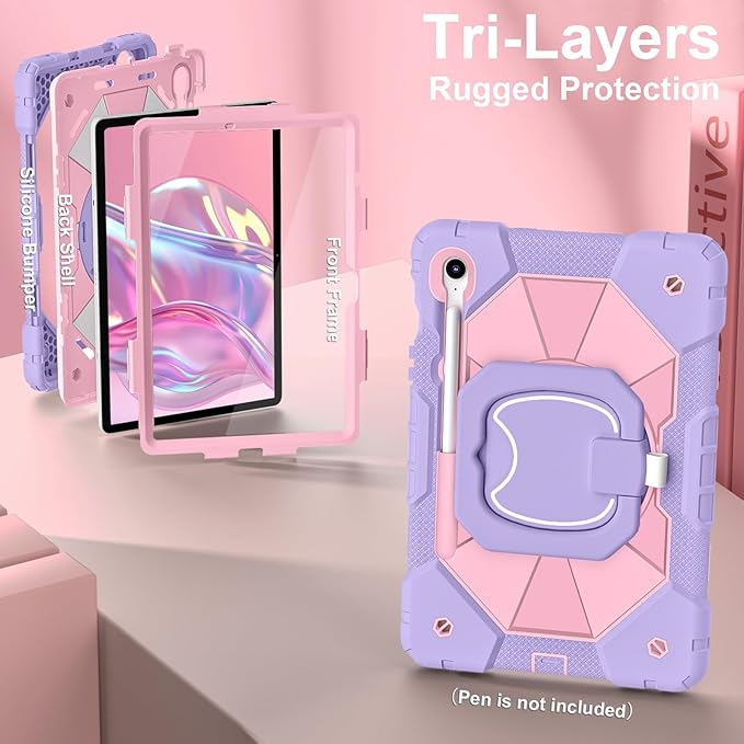Case for Samsung Galaxy Tab S10 Lite / S10 FE / S9 FE 10.9 Inch, Samsung Tab S9 11 Inch, Rugged Galaxy S10 Tablet Case with Pen Holder 360 Rotating Stand Shoulder Strap Screen Protector, Purple