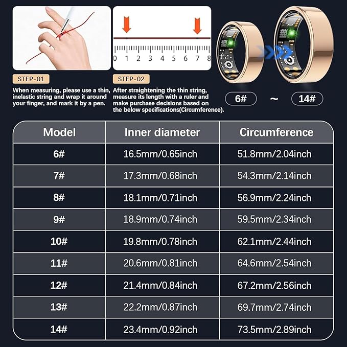 Health Tracker Ring, Smart Health Ring for Women Men with Heart Rate, Blood Oxygen, Sleep Monitor, Steps,Calories, No Subscription Fee, IP68 Waterproof Smart Ring for iPhone & Android (Rose Gold, 14#)