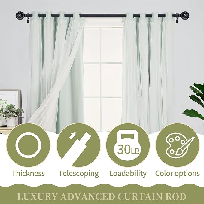 Black Adjustable Curtain Rods for Windows:66-120" Farmhouse Heavy Duty Curtain Rod for Bedroom Living Room,Boho Decorative Rustic Drapery Rods with Vintage Coastal Texture Finial,Matte Black