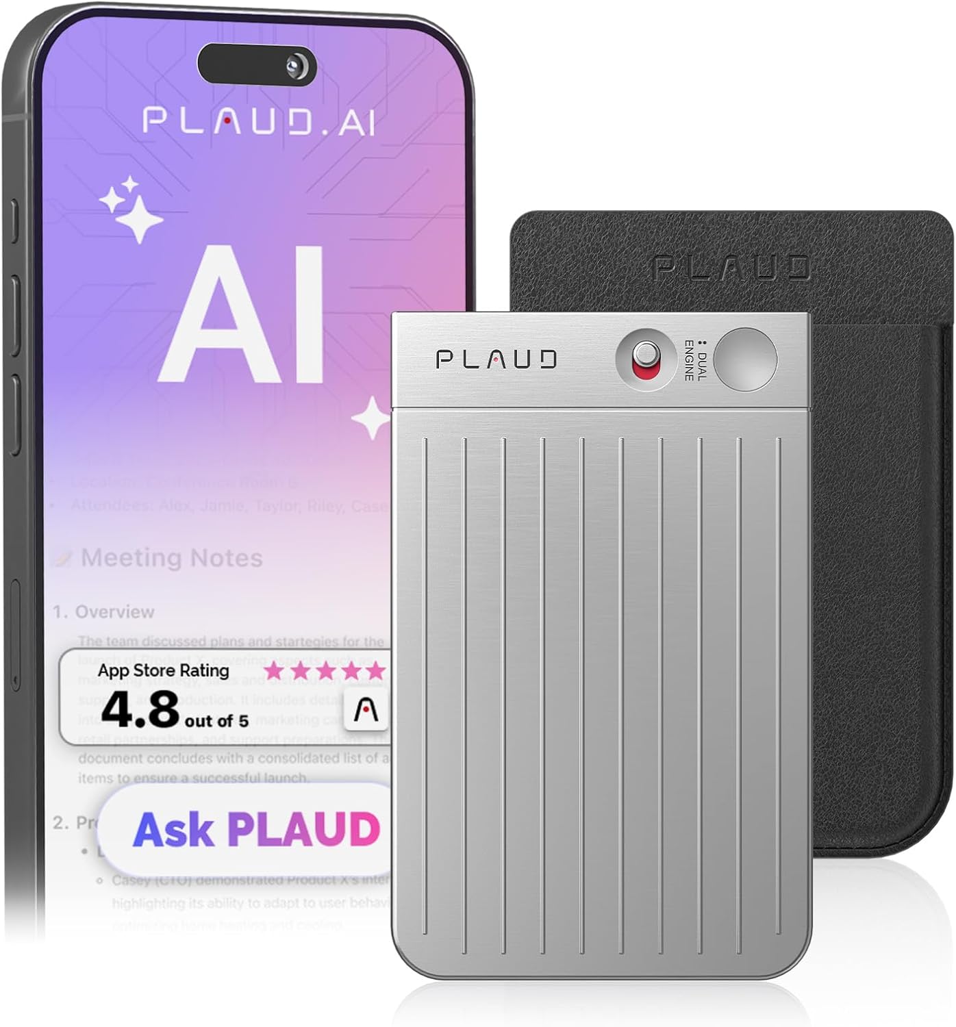 AI Voice Recorder, Note Voice Recorder w/Case, App Control, Transcribe & Summarize with AI Technology, Support 112 Languages, 64GB Memory, Audio Recorder for Lectures, Meetings, Calls, Silver