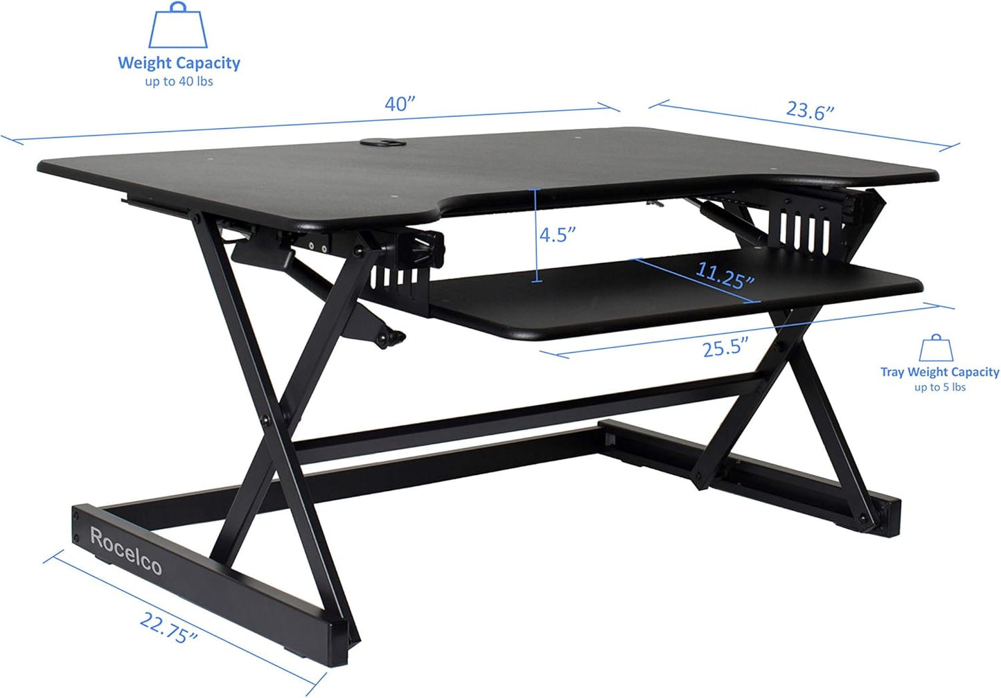 Rocelco 40" Large Height Adjustable Standing Desk Converter with Dual Monitor Stand BUNDLE - Quick Sit Stand Up Computer Workstation Riser - Retractable Keyboard Tray - Black (R DADRB-40-DMS)