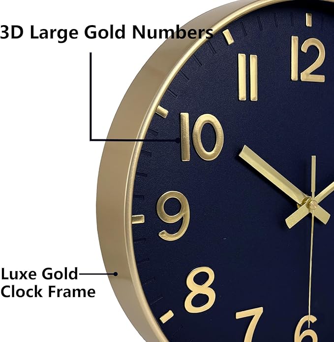 Wall Clock, 8 Inch Wall Clocks Battery Operated, Modern Non Ticking Silent Digital Analog Small Wall Clock for Bedroom Living Room Kitchen Office Gym Classroom Outdoor Clocks, Gold Blue