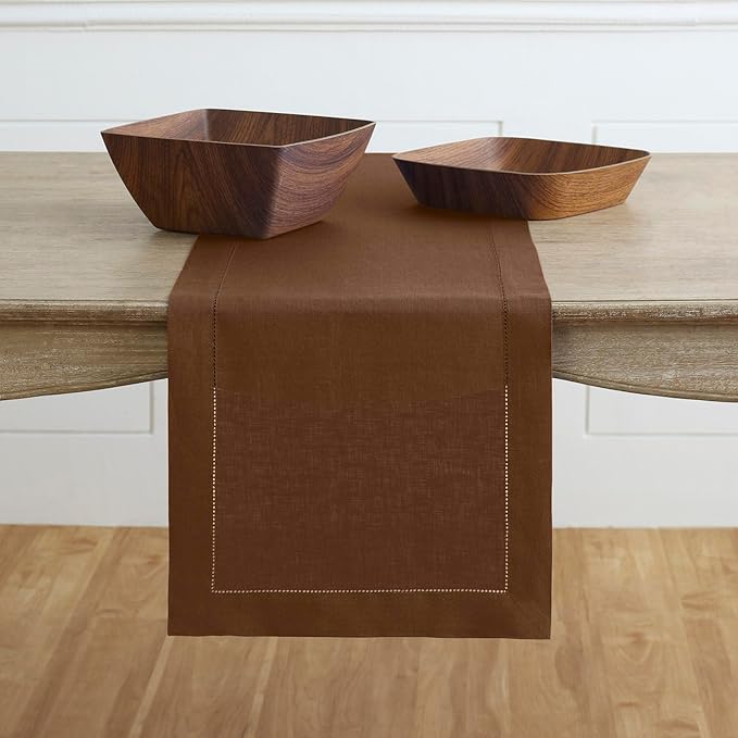 Solino Home Linen Brown Table Runner 120 Inches Long - 100% Pure Linen Hemstitch 14 x 120 Inch Table Runner for Dining, Fall, Autumn, Thanksgiving - Classic Hemstitch