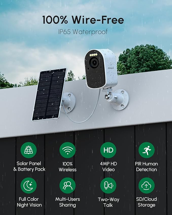 Solar Powered Security Cameras Wireless Outdoor, 4MP 2 Cam-Kit Home Security Camera System, 5G & 2.4G WiFi, 2K Color Night Vision, PIR/AI Detection, Real-time Spotlight Alarm, Two-Way Audio