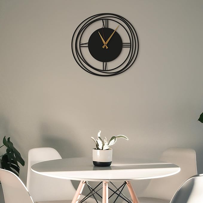 Circular Harmony Wall Clock – 24 Inch Large, Silent Non-Ticking Quartz, Black Metal Decorative Clock for Living Room, Dining Room, Office