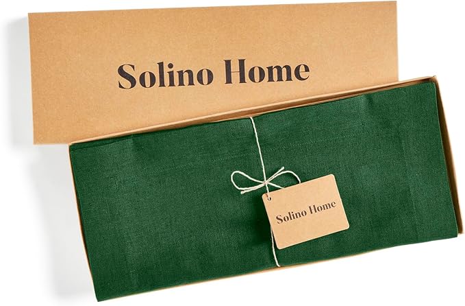 Solino Home Linen Table Runner 36 Inches - 100% Pure Linen Pine Green Table Runner 14 x 36 Inch Ideal for Dresser and Coffee Tables - Fall, Autumn, Thanksgiving - Fete