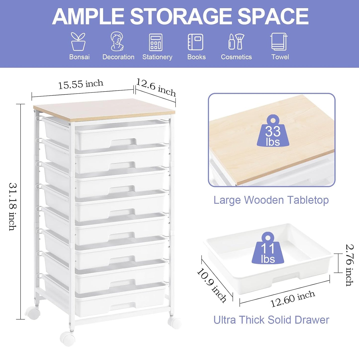 Rolling Storage Cart with Drawers,Utility Cart With 8 Drawers and Wooden Tabletop,Rolling Drawer Cart,Storage Drawer Cart for Living Room,Classroom,Bedroom,Bathroom,Dorm,Office,White