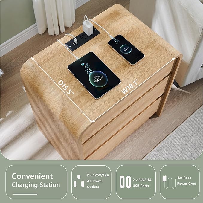 25" Tall Modern Nightstand Set of 2, 23.6" Wide Wood Bedside Table with Charging Station, 3 Storage Drawers Side Table w/Curved Profile Design,End Table for Bedroom, Natural Oak